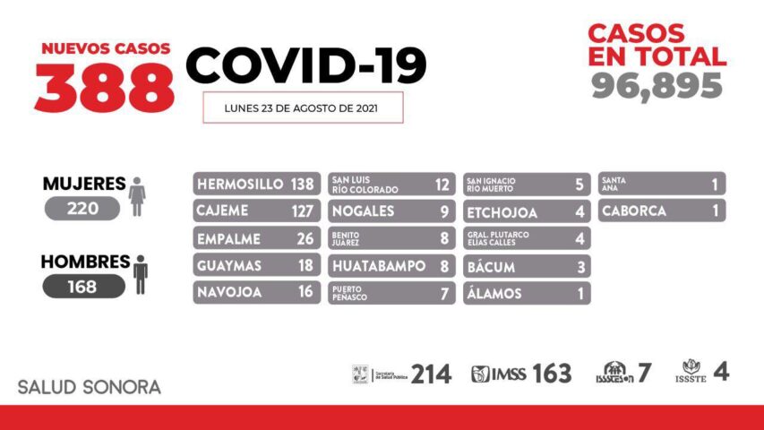Salud Sonora confirma 388 nuevos casos de covid-19, de los cuales 43 son casos pediátricos