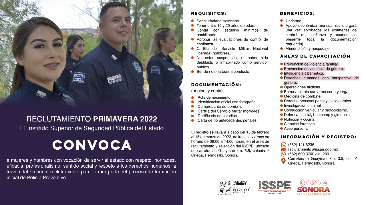 Lanza Isspe Sonora convocatoria de reclutamiento para Policía Preventivo “Primavera 2022”