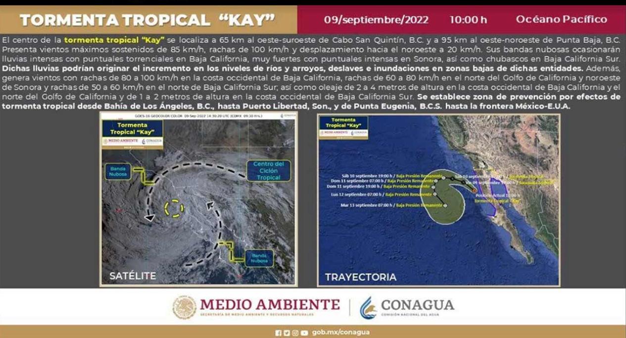 Tormenta tropical ‘Kay’ acecha; se ubica a 65 km de San Quintín, BC
