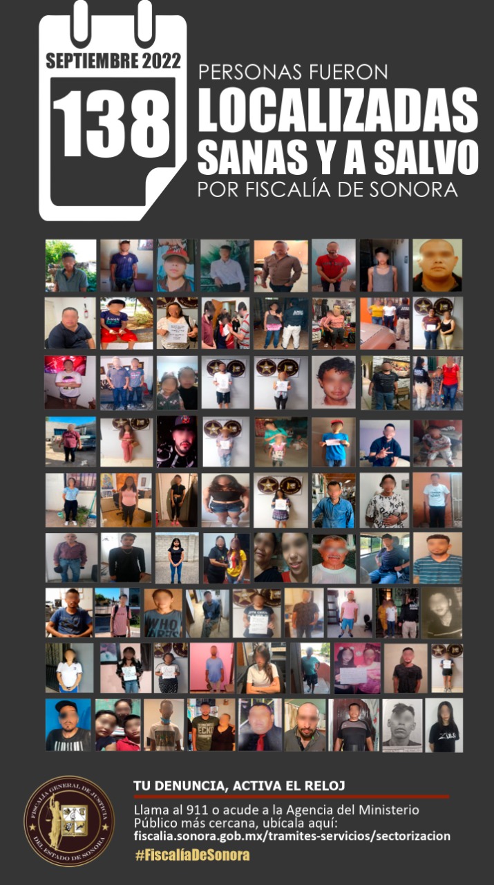 ???? DURANTE EL MES DE SEPTIEMBRE PERSONAL DE LA FISCALÍA DE SONORA, LOCALIZÓ SANAS Y A SALVO A 138 PERSONAS REPORTADAS COMO DESAPARECIDAS