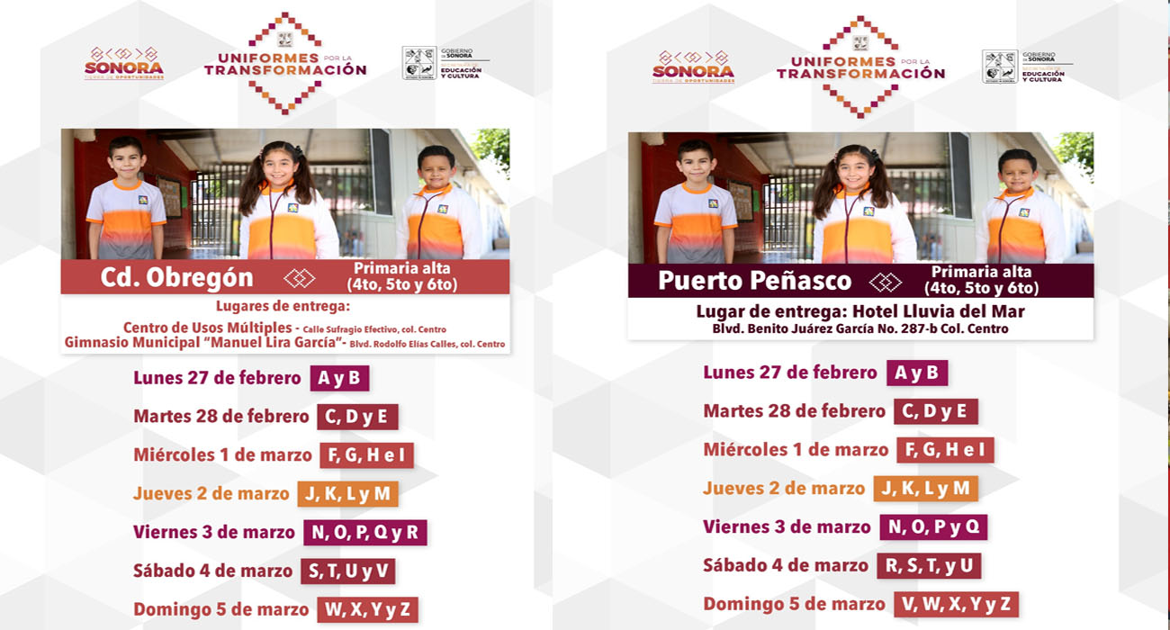 Entregará Gobierno de Sonora uniforme escolar deportivo a alumnado de cuarto, quinto y sexto grado de primaria.