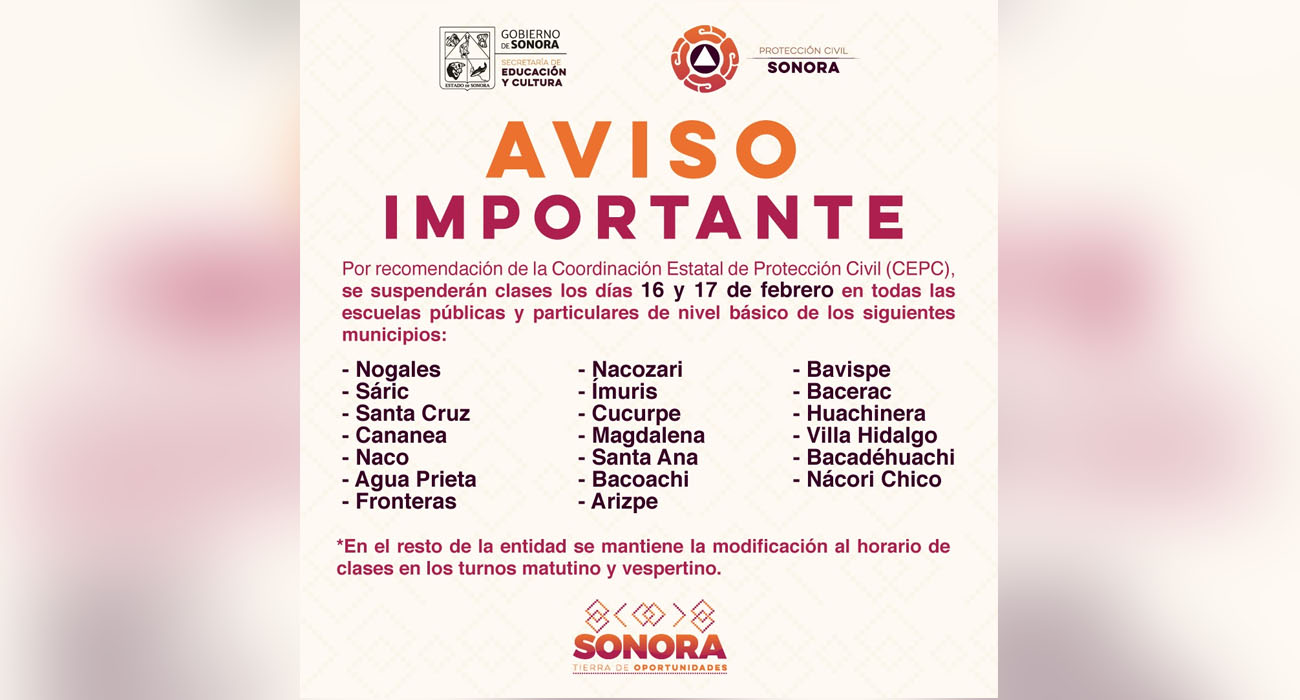Recomienda Protección Civil suspensión de clases en 20 municipios sonorenses
