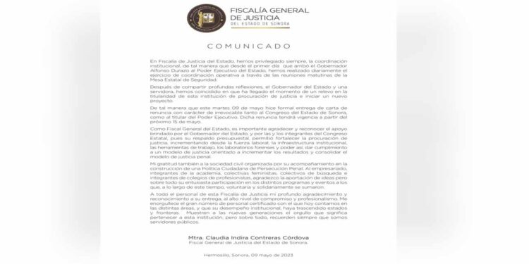 COMUNICADO Fiscalía General de Justicia del Estado de Sonora