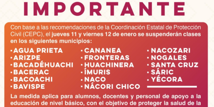 Se suspenden clases en 17 municipios: SEC Sonora