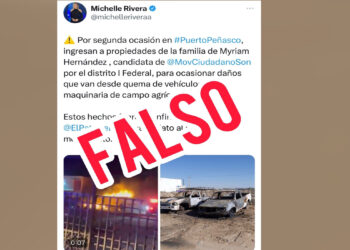 Es falsa la información que se manejó en distintos medios, que los vehículos que sufrieron un incidente en el municipio de Puerto Peñasco pertenecen a la candidata del MC