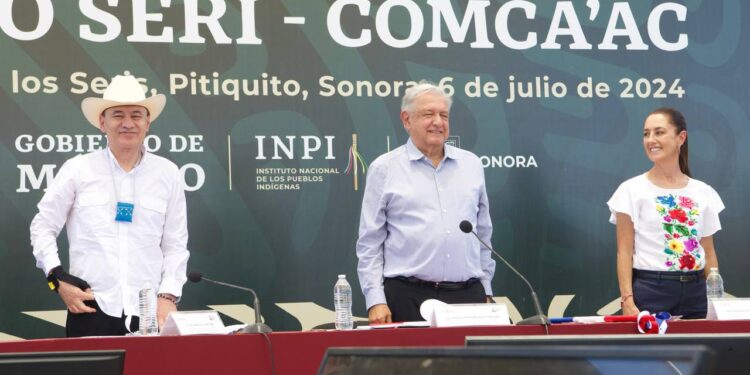 Presiden Gobernador Durazo, presidente López Obrador y presidenta electa Sheinbaum continuidad de restitución de derechos a comunidad Seri