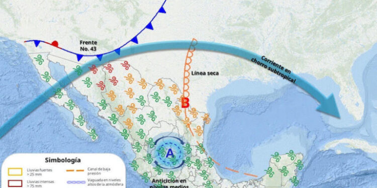 Durante hoy, el frente frío No. 43 se extenderá e interaccionará con la corriente en chorro subtropical