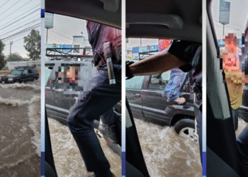 Rescatan agentes de Tránsito a familia atrapada durante fuerte lluvia