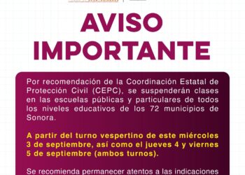 Suspenden clases para miércoles, jueves y viernes en Sonora