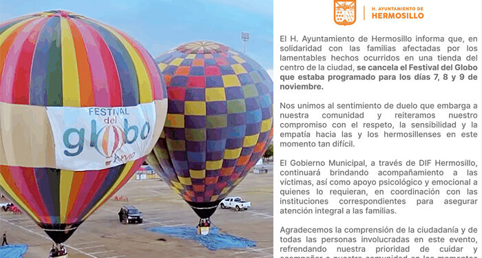 Suspenden por duelo Festival del Globo; El Ayuntamiento de Hermosillo