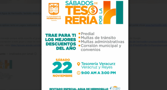 Realizará Gobierno de Hermosillo Sábados de Tesorería por la H, edición Buen Fin este 22 de noviembre