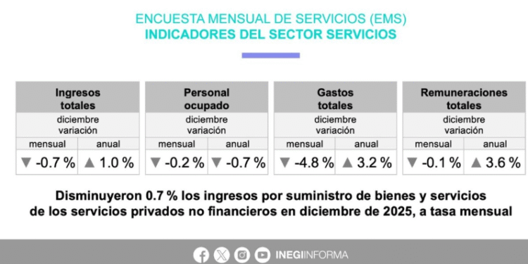 Ingresos de servicios disminuyeron 0.7% en diciembre: Inegi