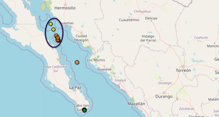 Enjambre de temblores frente a las costas de Guaymas