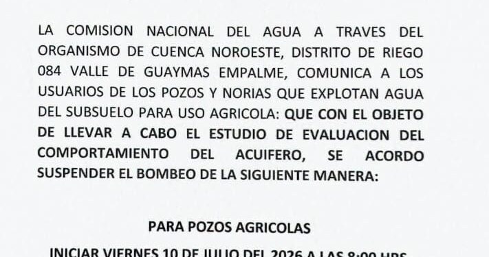 Habrá suspensión en el suministro de agua domingo 12 y lunes 13 de julio de Guaymas y Empalme